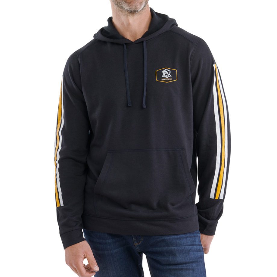 On figure-USCCA Men's Born to Protect Arm Striped Hooded Sweatshirt