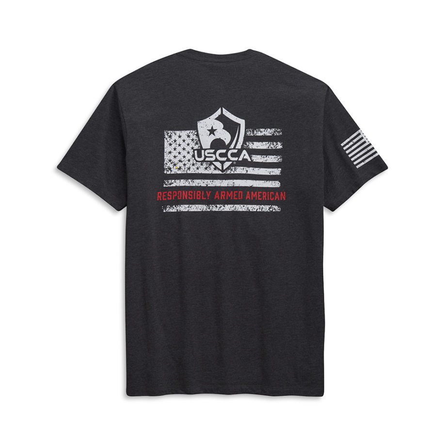 USCCA Men's Responsibly Armed American Distressed Flag T-shirt black back