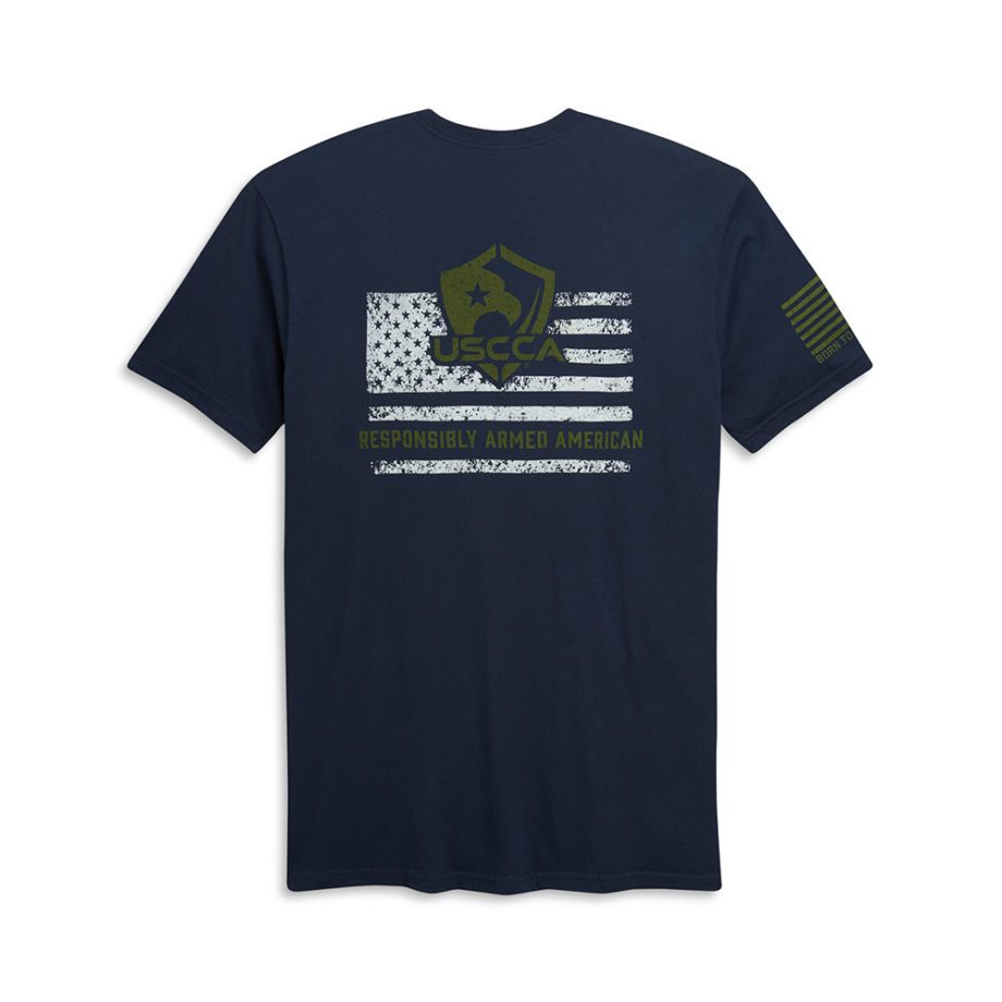USCCA Men's Responsibly Armed American Distressed Flag T-shirt blue back flat
