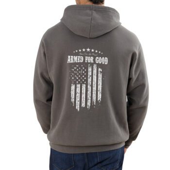 Men's Armed for Good Hooded Sweatshirt back on figure