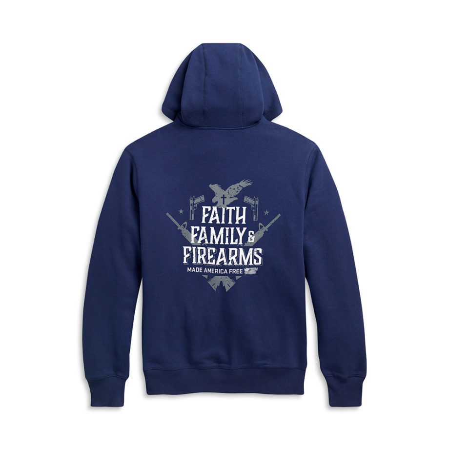 Faith, Family, Firearms hoodie blue flat back